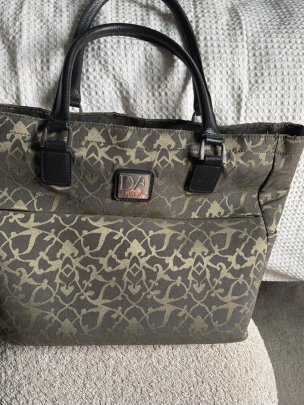 Diane Von Furstenberg Olive Patterned Tote Bag with Black Handles
